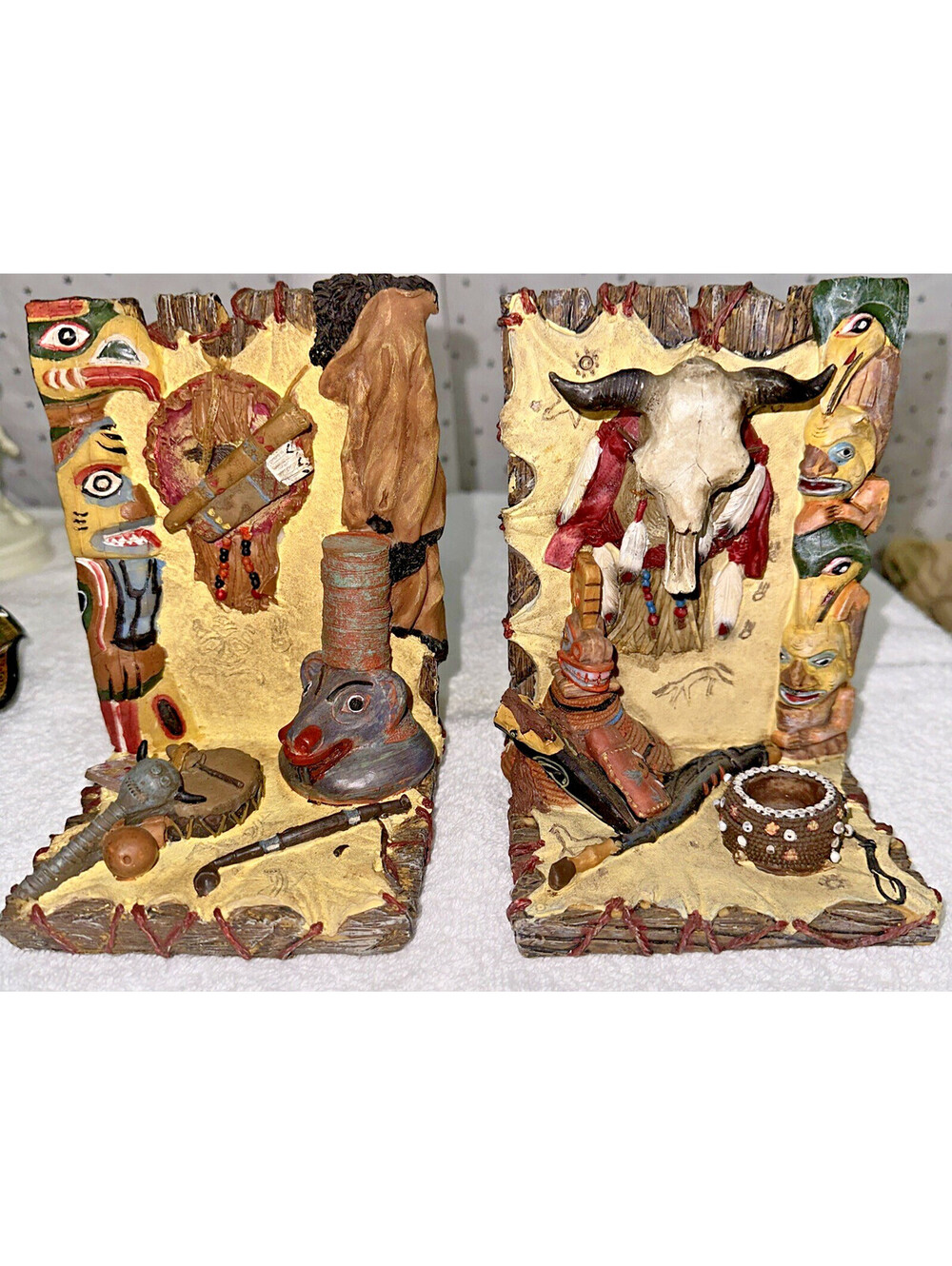 Native American Bookends Highly Detailed w/ Totems Culture Symbols Red Felt Vtg